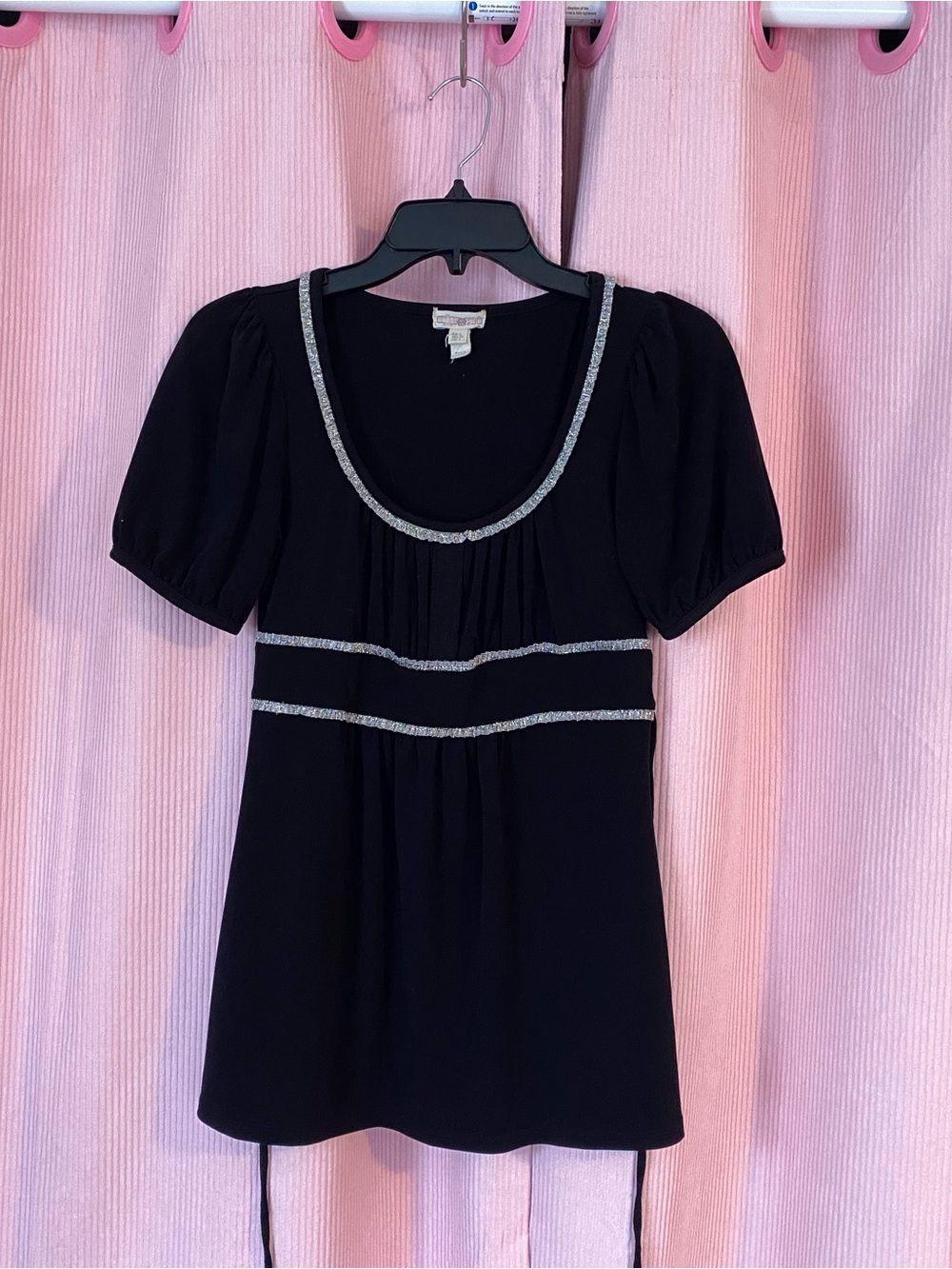 Black Scoop Neck Blouse with Metallic Trim